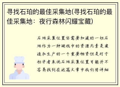 寻找石珀的最佳采集地(寻找石珀的最佳采集地：夜行森林闪耀宝藏)